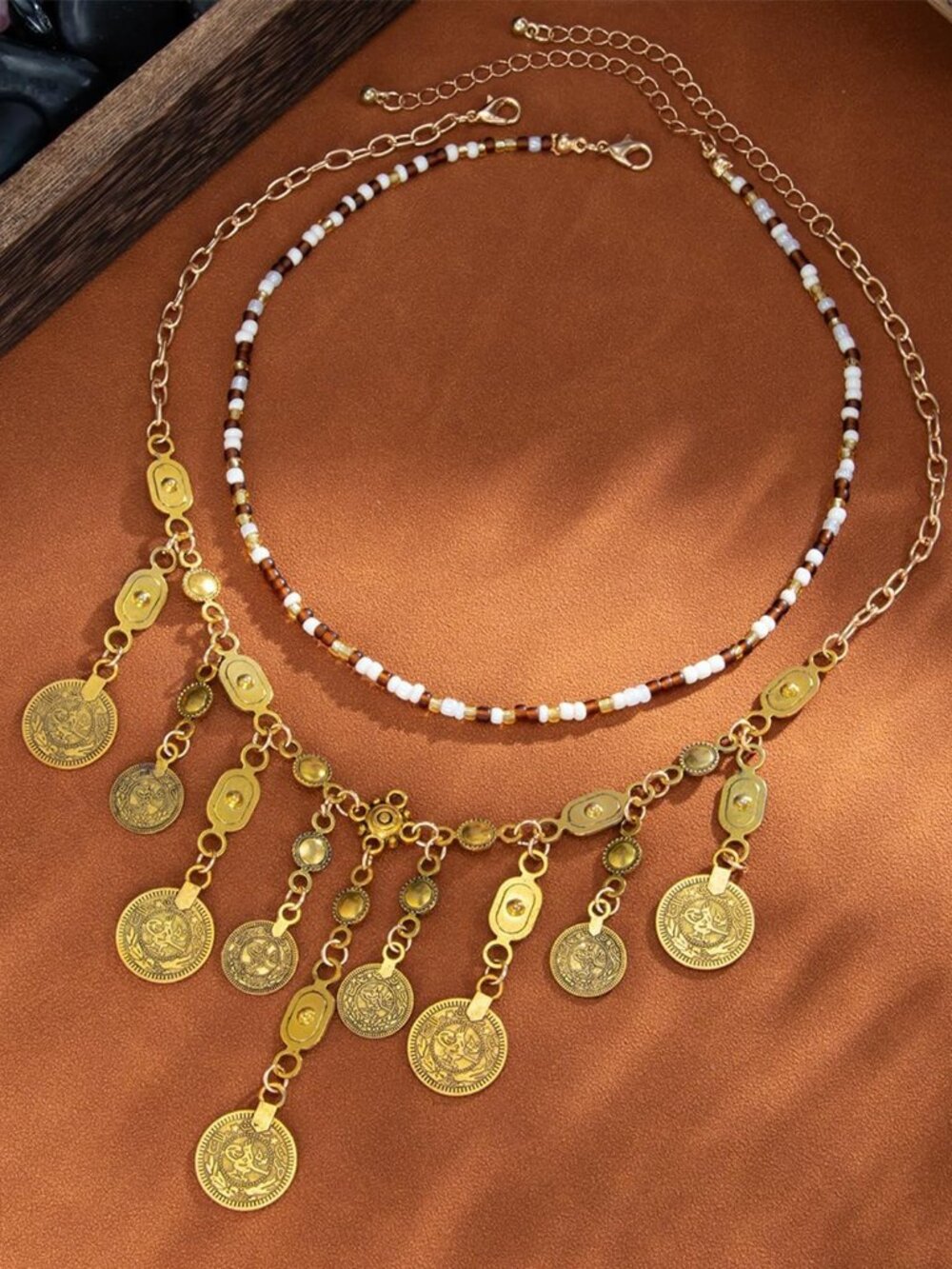 Boho Coin Charm Necklace for Women Layered Gold Coin Beaded Pendant Necklace Pir - Picture 6 of 7